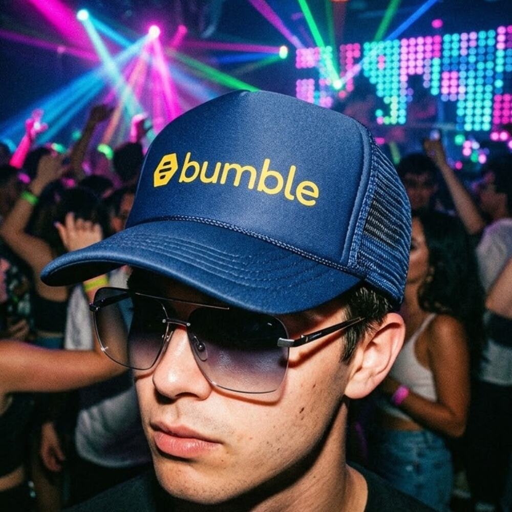 Bumble Dating App Foam Trucker Hat Blue Promo Indie Sleaze Y2K Irony Cyber